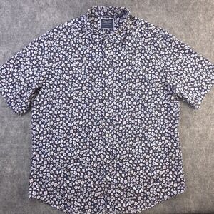Charles Tyrwhitt Shirt XL Slim Fit Blue Floral Geometric Short Sleeve Linen